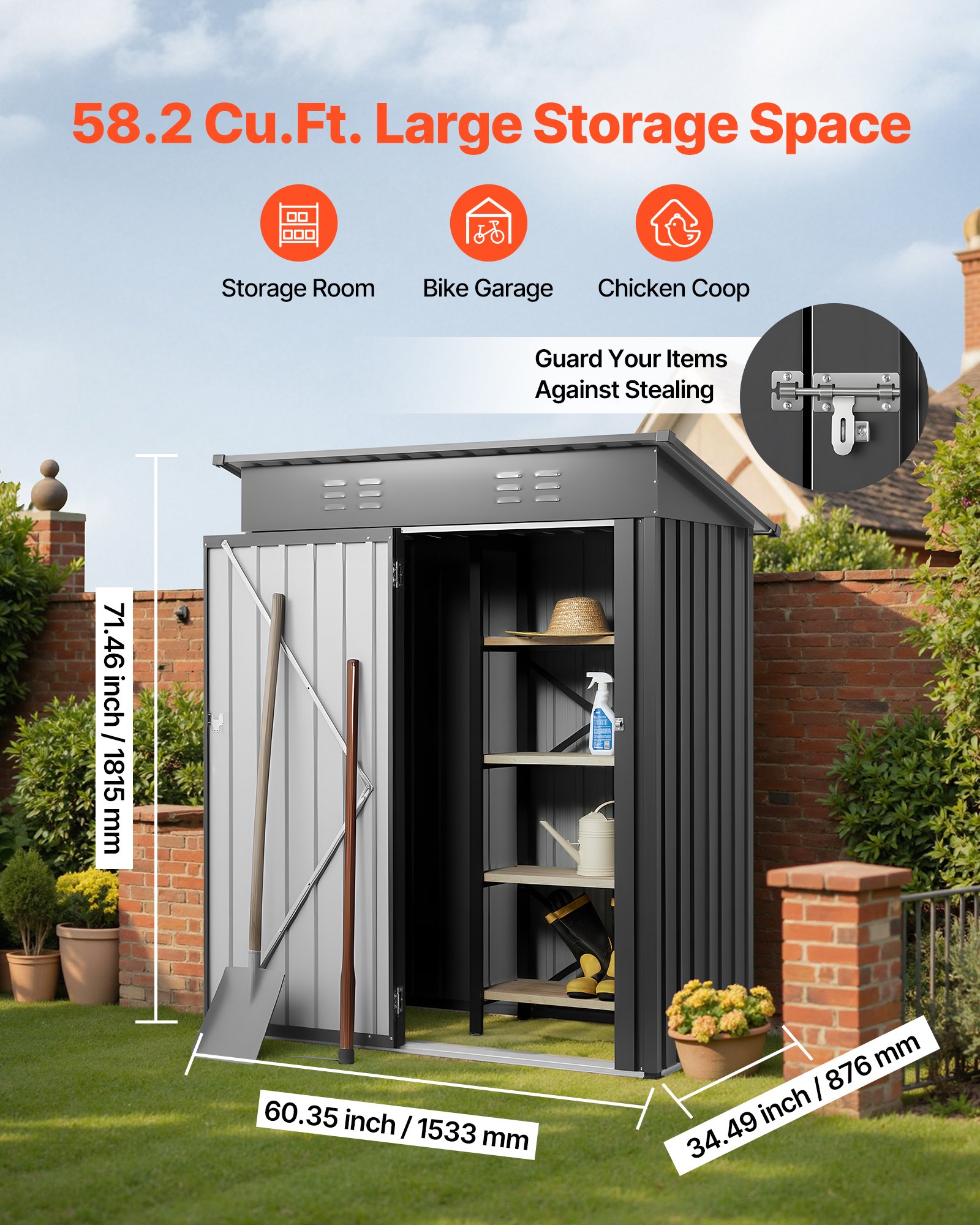 VEVOR 1533 x 876 x 1815 mm Metal Garden Shed, Storage Building with Lockable Door & 2 Louver Vents, Sloped Roof Metal Outdoor Storage Shed, Tool Sheds Outdoor Storage for Backyard, Garden, Patio