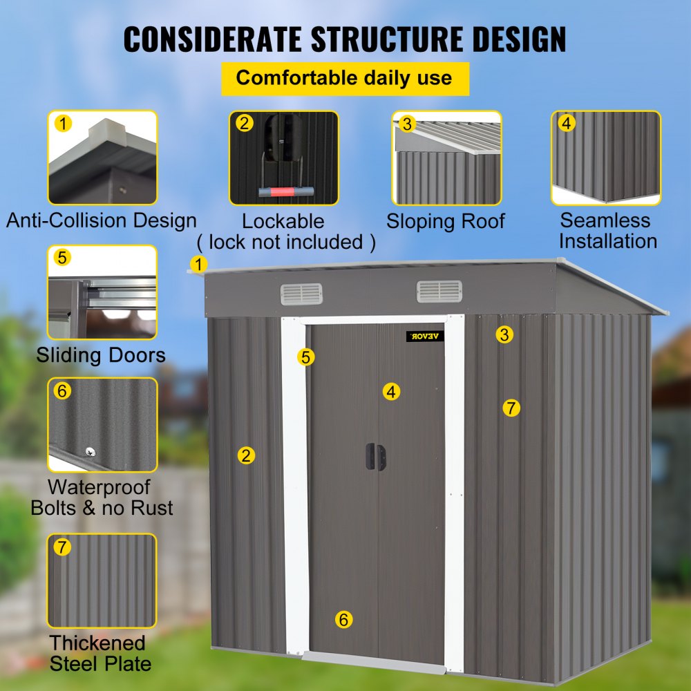 VEVOR Outdoor Storage Shed, 6 X 4 ft Metal Shed, Lockable Tool Organizer, Garden Shed with Sliding Door & Air Vent, to Store Bike Accessories, Beach Chairs, Garden Tools, and Lawn Mower in Backyard