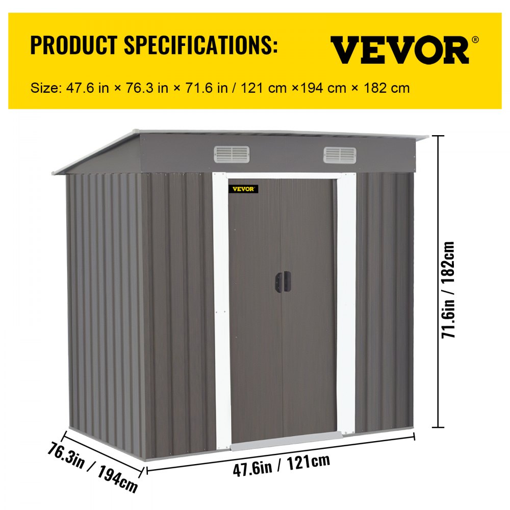 VEVOR Outdoor Storage Shed, 6 X 4 ft Metal Shed, Lockable Tool Organizer, Garden Shed with Sliding Door & Air Vent, to Store Bike Accessories, Beach Chairs, Garden Tools, and Lawn Mower in Backyard