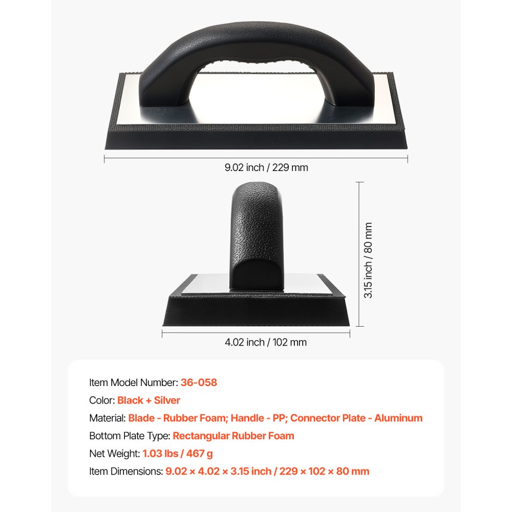 VEVOR Grout Float, Professional Rubber Tile Grout Tool with Anti-slip Handle & Lightweight Aluminum Connector Backplate, Easy to Operate & Cleaning for Smoothly Apply to Concrete, Plaster, Drywall