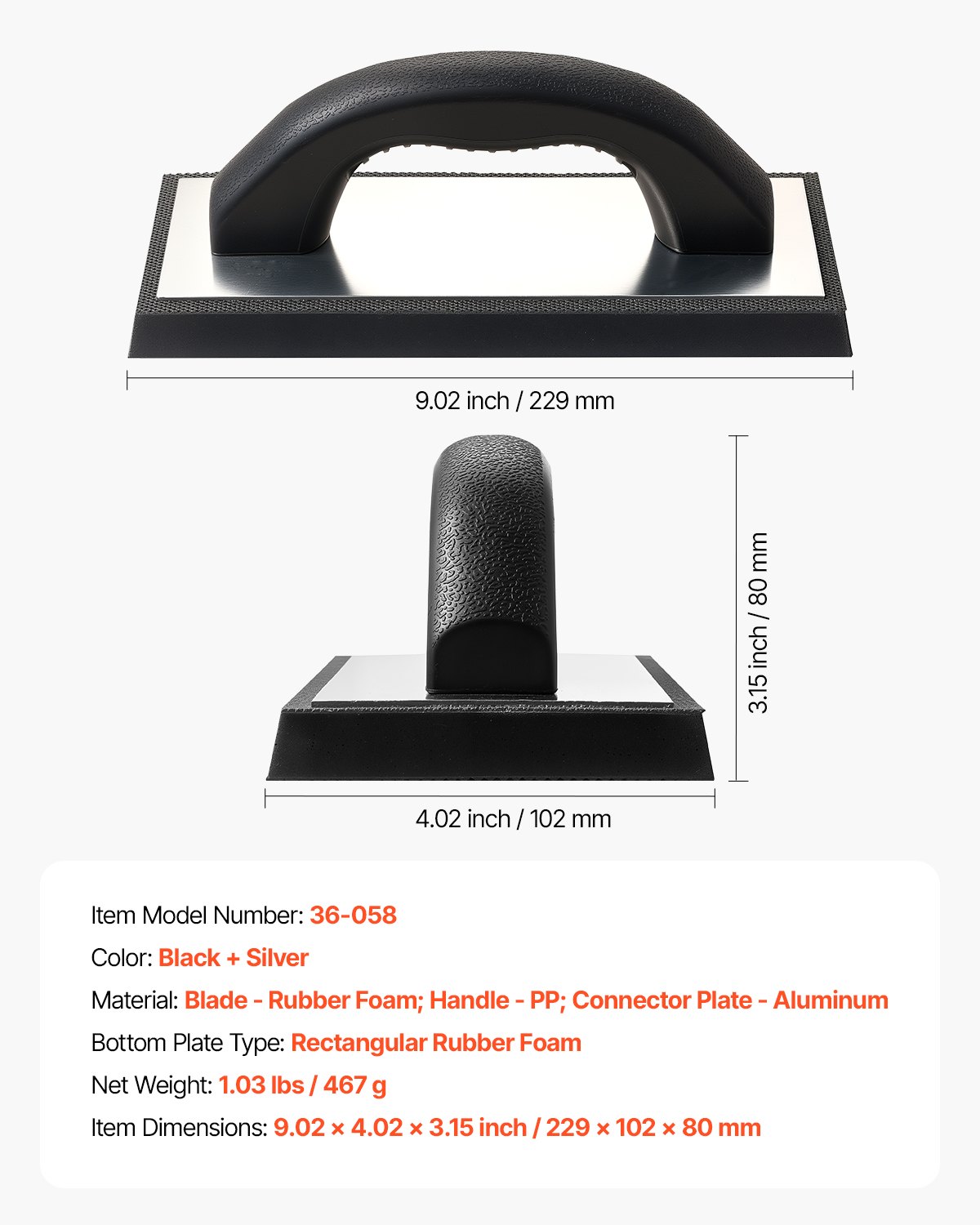 VEVOR Grout Float, Professional Rubber Tile Grout Tool with Anti-slip Handle & Lightweight Aluminum Connector Backplate, Easy to Operate & Cleaning for Smoothly Apply to Concrete, Plaster, Drywall