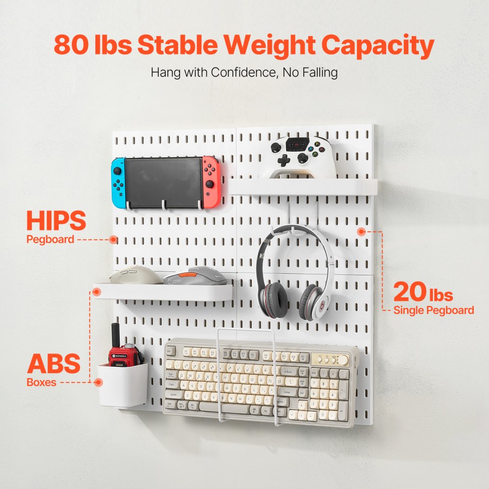 VEVOR Pegboard Combination Kit, 280 x 280 mm Plastic Pegboard, 4 Panels, Peg Board Wall Organizer Kit with Accessories, for Garage Tool Storage Kitchen Living Room Craft Room Office Bathroom, White