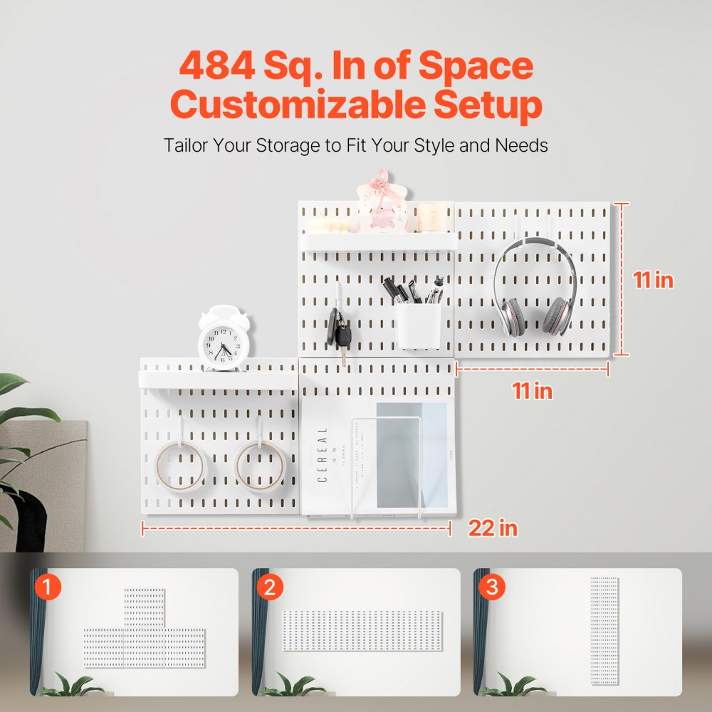 VEVOR Pegboard Combination Kit, 280 x 280 mm Plastic Pegboard, 4 Panels, Peg Board Wall Organizer Kit with Accessories, for Garage Tool Storage Kitchen Living Room Craft Room Office Bathroom, White