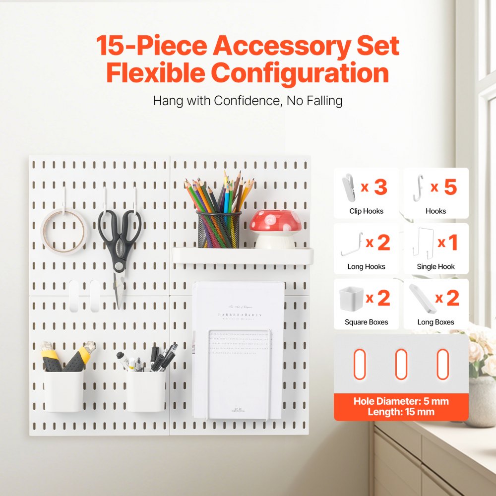 VEVOR Pegboard Combination Kit, 280 x 280 mm Plastic Pegboard, 4 Panels, Peg Board Wall Organizer Kit with Accessories, for Garage Tool Storage Kitchen Living Room Craft Room Office Bathroom, White