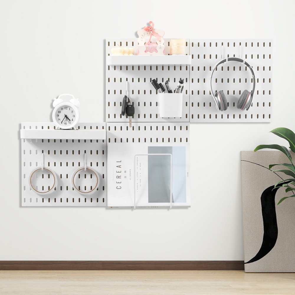 VEVOR Pegboard Combination Kit, 280 x 280 mm Plastic Pegboard, 4 Panels, Peg Board Wall Organizer Kit with Accessories, for Garage Tool Storage Kitchen Living Room Craft Room Office Bathroom, White