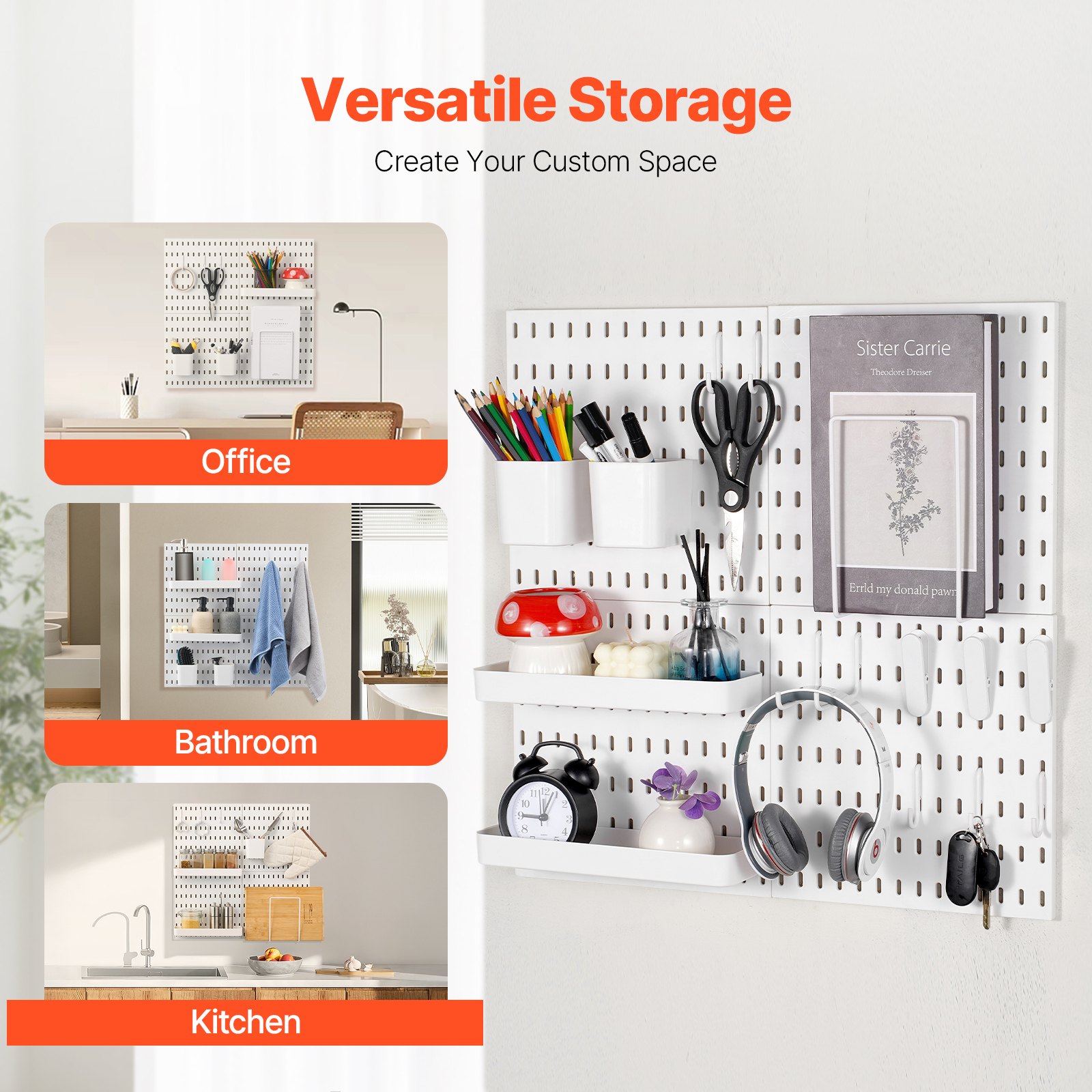 VEVOR Pegboard Combination Kit, 280 x 280 mm Plastic Pegboard, 4 Panels, Peg Board Wall Organizer Kit with Accessories, for Garage Tool Storage Kitchen Living Room Craft Room Office Bathroom, White