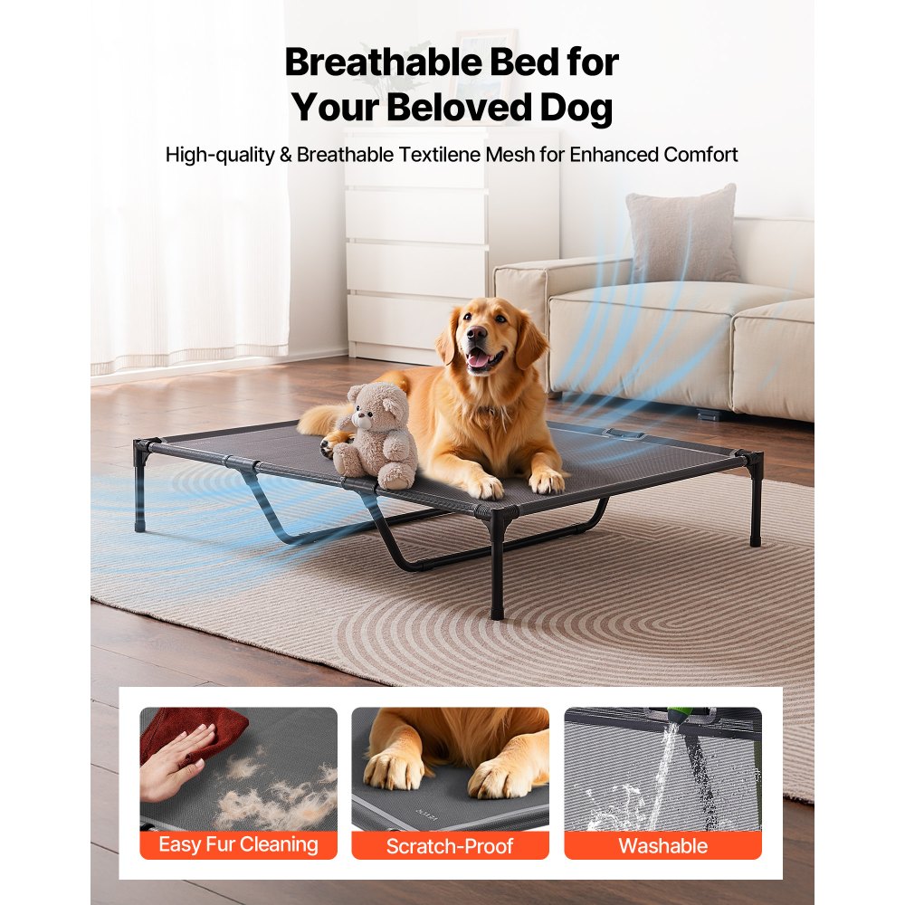 VEVOR Elevated Dog Bed for Large Dogs, Portable Raised Dog Cot with Steel Metal Frame and Breathable Teslin Mesh, Indoor & Outdoor Pet Cooling Raised Hammock Bed, XL, Gray
