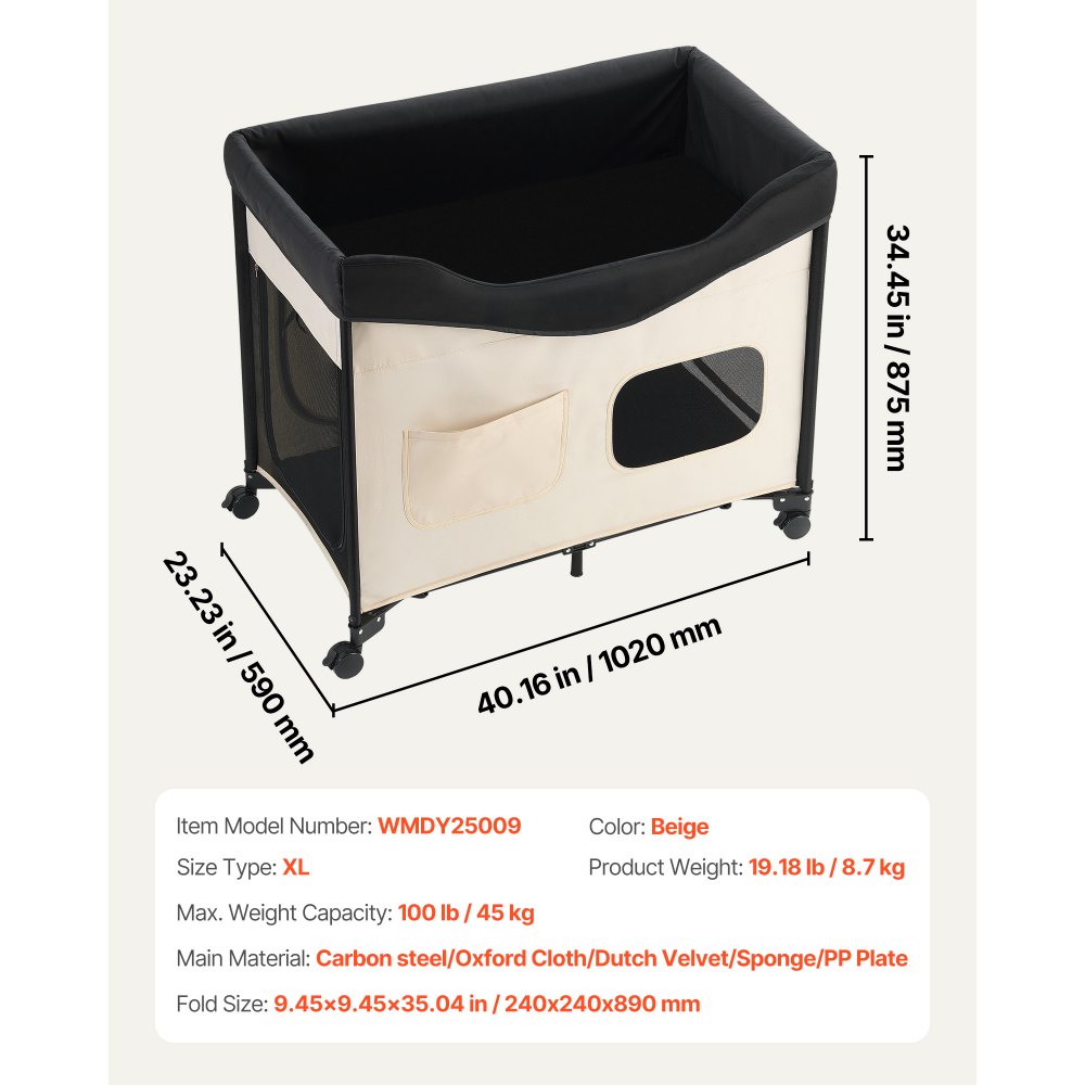 VEVOR Elevated Lounge Pet Bed, Foldable Bunk Dog Bed with 600D Oxford Cloth and Dutch Velvet, Portable Raised Cot with Wheels, Side Storage Bags, and Carry Bag for Cats & Dogs, XL, Beige