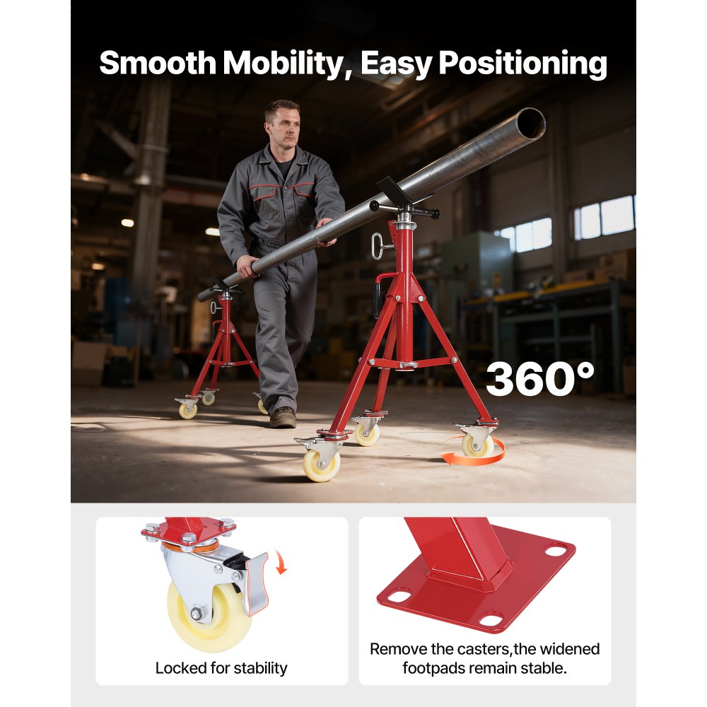 VEVOR Pipe Stand, Pipe Jack Stand, V Head Pipe Stand Adjustable Height 71.12-132.08 cm, Pipe Jack Stands with Casters 400.1 kg, Folding Portable Pipe Stands 0.3175 to 30.48 cm Pipe Supporting, Steel Jack Stand