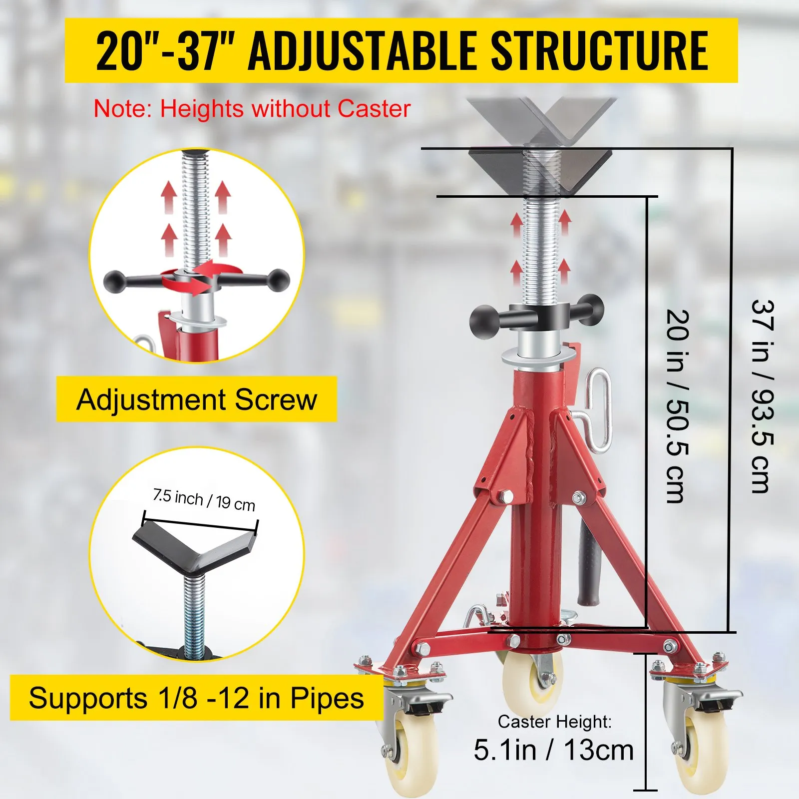VEVOR pipe stand with adjustable height from 20&quot; to 37&quot;, support for various pipe sizes.