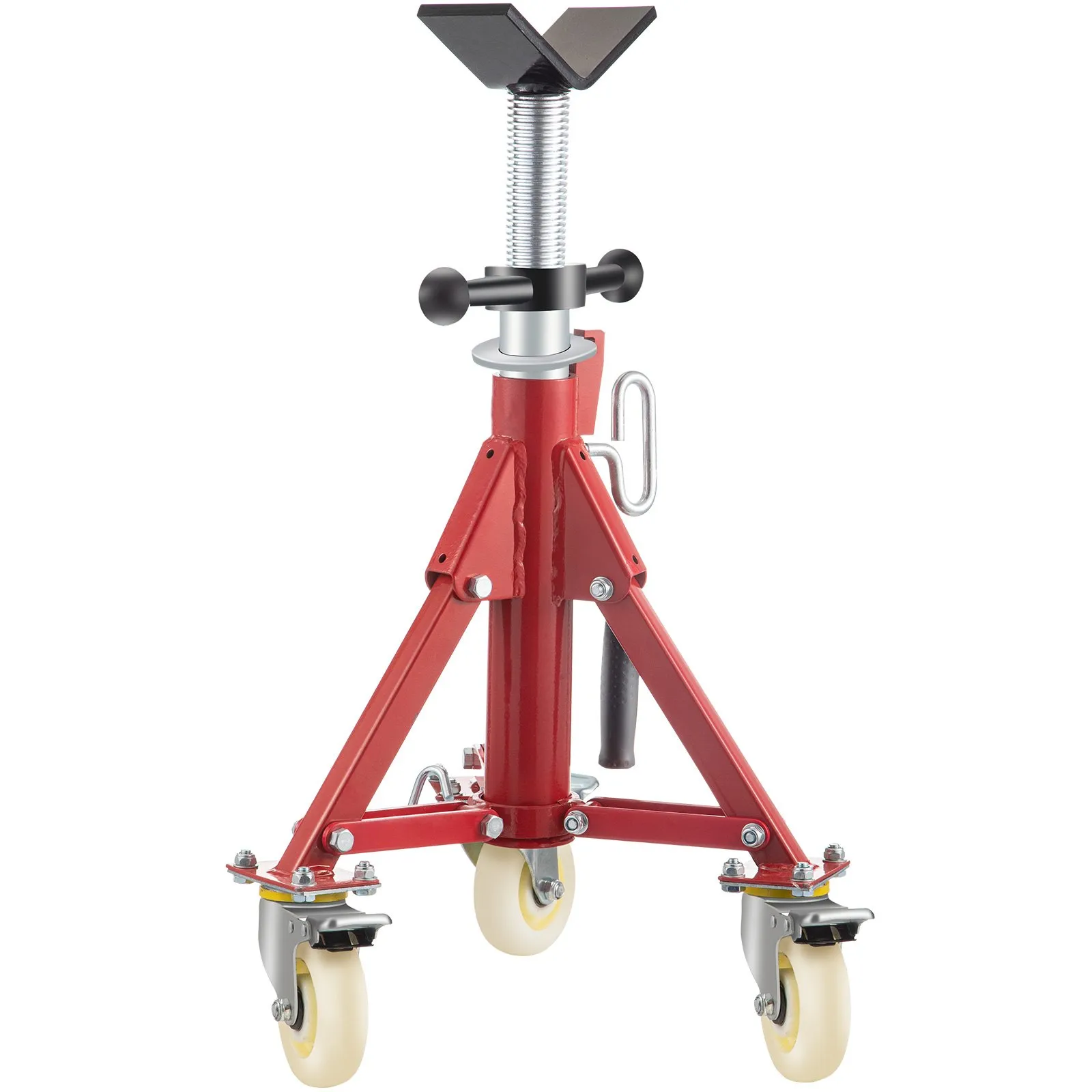 red adjustable VEVOR pipe stand with four locking wheels for stability and support.