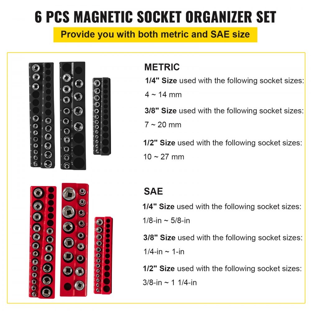 VEVOR 6-Pack Metric and SAE Magnetic Socket Organizers, 1.27cm, 0.95cm, 0.64cm Drive Socket Holders Hold 143 Sockets, Red and Black Tool Box Organizer for Sockets Storage