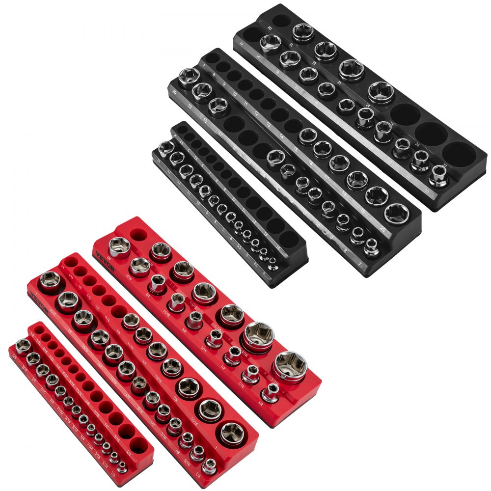 VEVOR 6-Pack Metric and SAE Magnetic Socket Organizers, 1.27cm, 0.95cm, 0.64cm Drive Socket Holders Hold 143 Sockets, Red and Black Tool Box Organizer for Sockets Storage