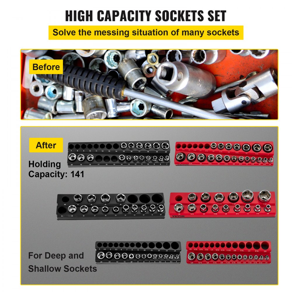VEVOR socket organizer helps organize sockets with high capacity holding sets for deep and shallow sockets.