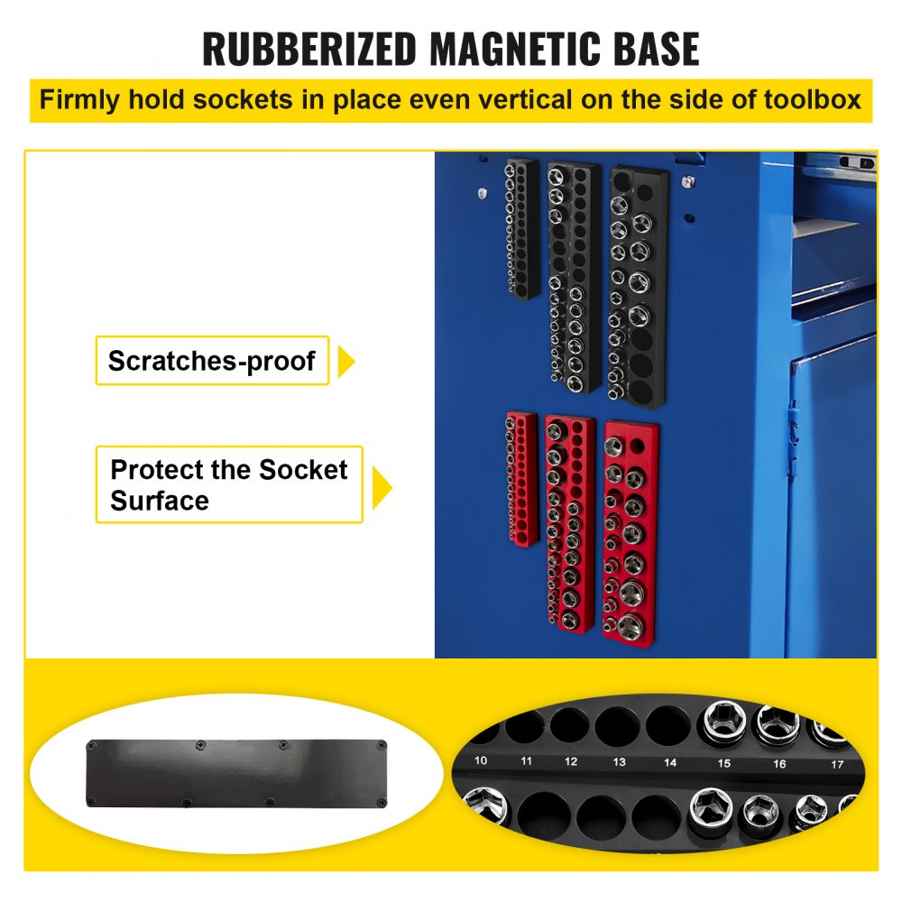 VEVOR socket organizer with rubberized magnetic base on toolbox, scratches-proof, protects socket surface.