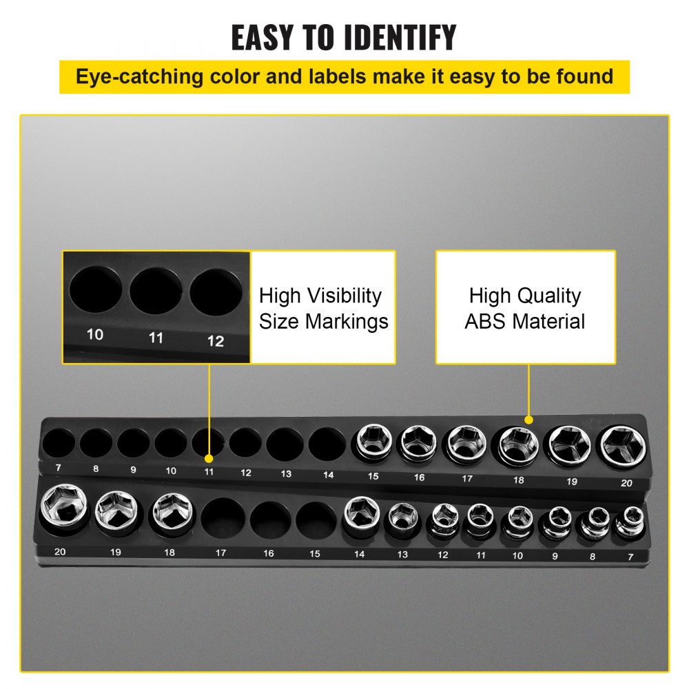 VEVOR socket organizer with high visibility size markings, high-quality abs material, and labeled sections.