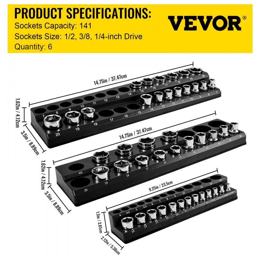 VEVOR socket organizer with three sizes, labeled slots for 1/2, 3/8, 1/4-inch drive; 141 sockets capacity.