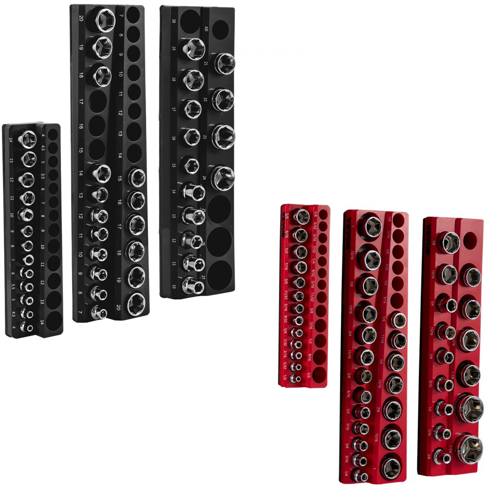 red and black VEVOR socket organizer sets with varying sizes of sockets neatly arranged.