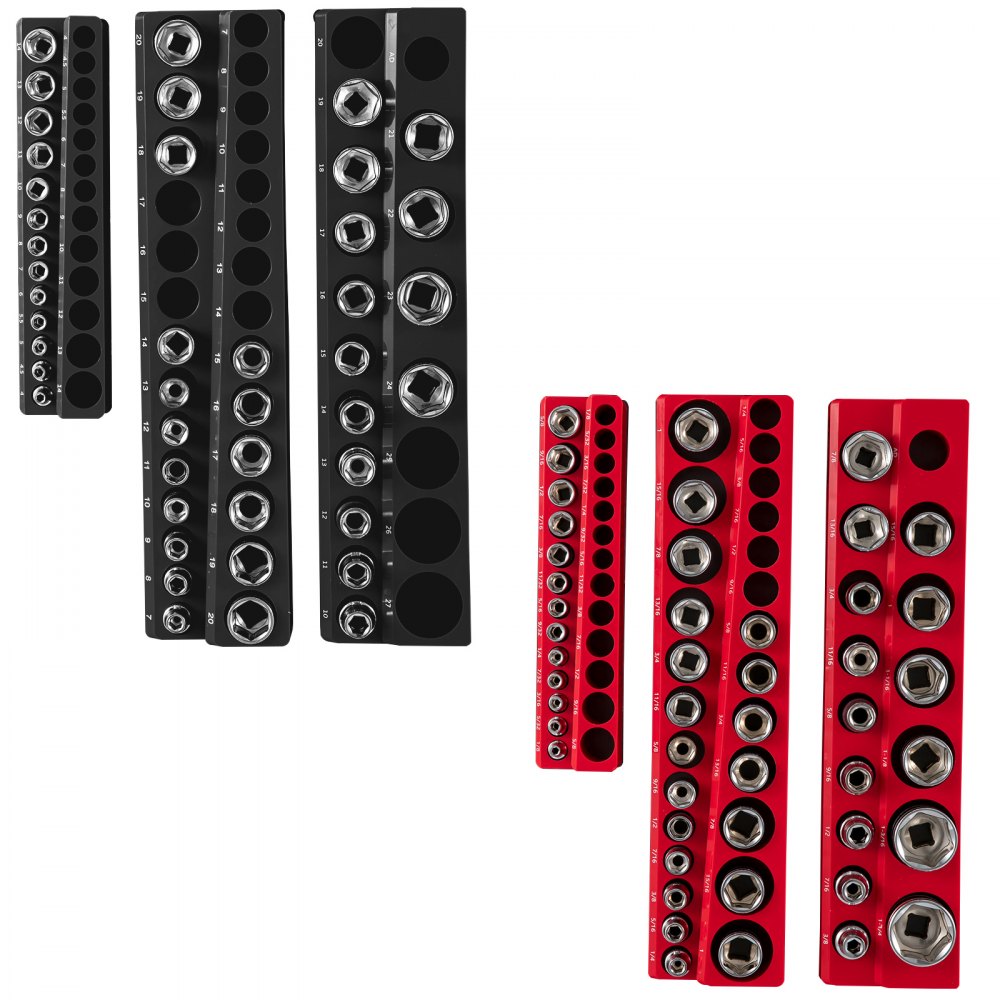black and red VEVOR socket organizer sets with various socket sizes displayed in rows.