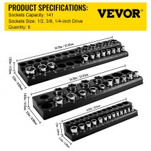 VEVOR 6-Pack Metric and SAE Magnetic Socket Organizers, 1/2-inch, 3/8-inch, 1/4-inch Drive Socket Holders Hold 143 Sockets, Red and Black Tool Box Organizer for Sockets Storage