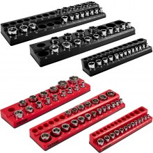VEVOR 6-Pack Metric and SAE Magnetic Socket Organizers, 1.27cm, 0.95cm, 0.64cm Drive Socket Holders Hold 143 Sockets, Red and Black Tool Box Organizer for Sockets Storage