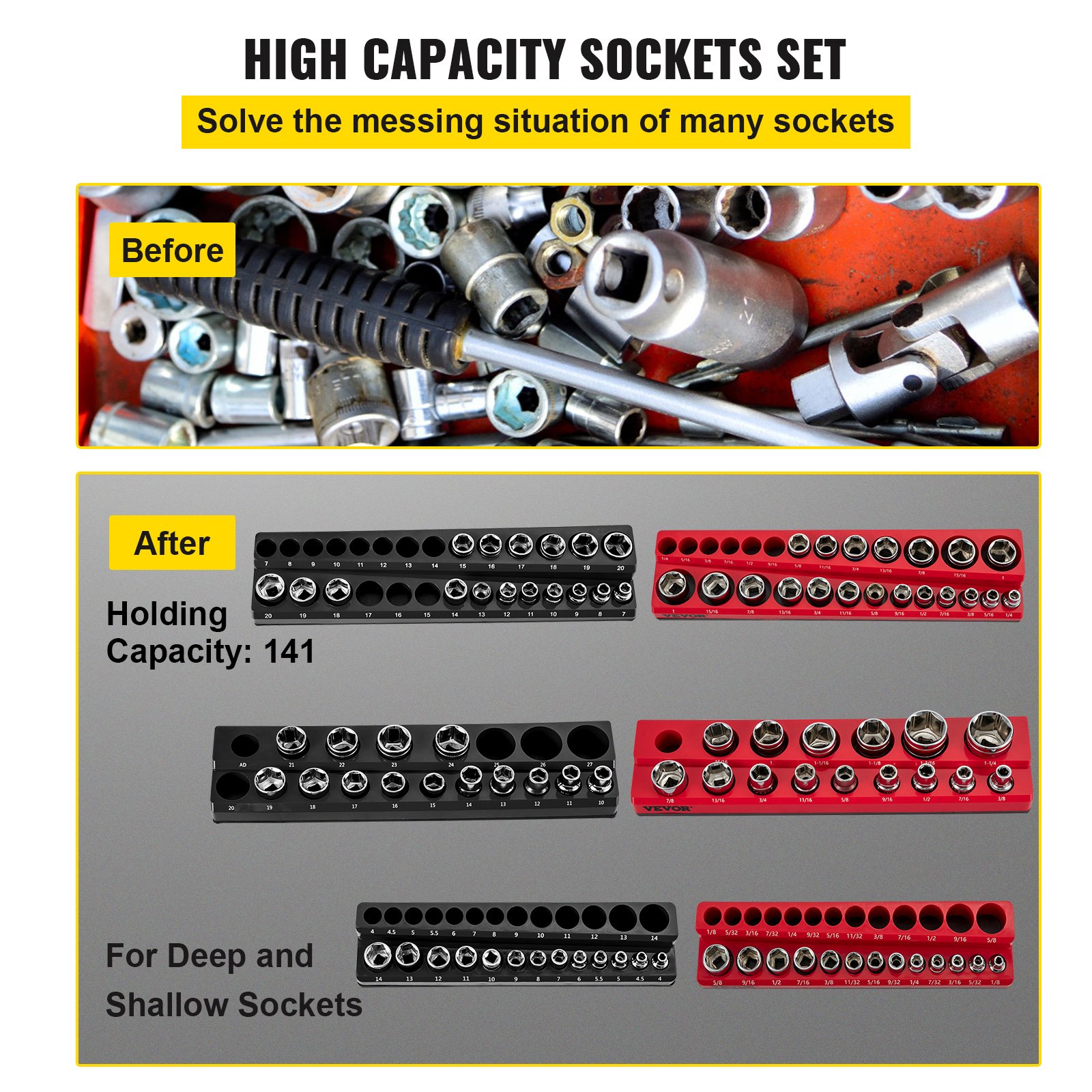 VEVOR socket organizer helps organize sockets with high capacity holding sets for deep and shallow sockets.