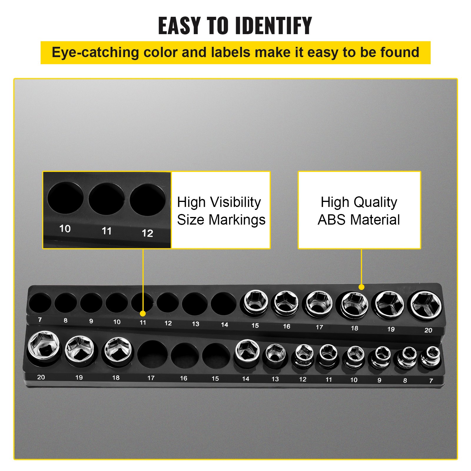 VEVOR socket organizer with high visibility size markings, high-quality abs material, and labeled sections.