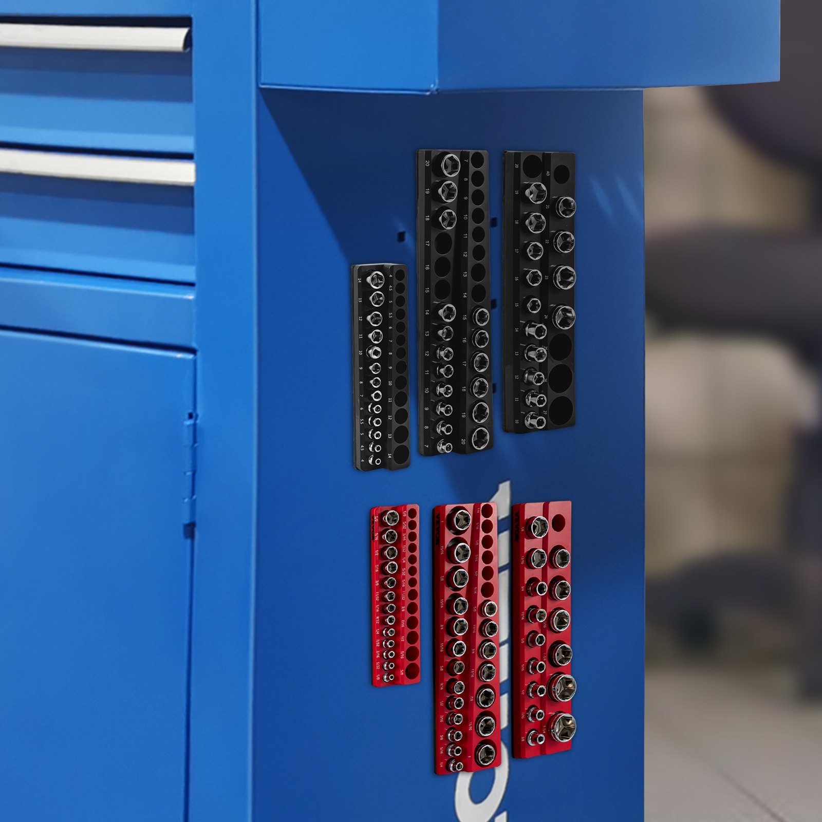 VEVOR socket organizer in black and red mounted on blue tool chest, displaying neatly arranged sockets.