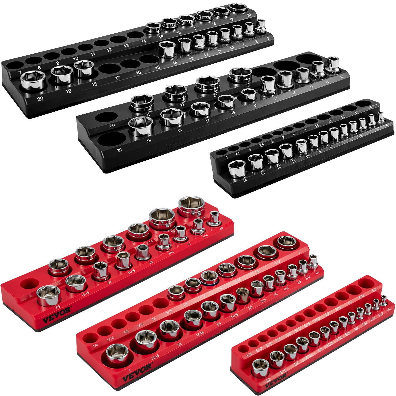 VEVOR socket organizer showcasing multiple black and red trays arranged with various sized sockets.