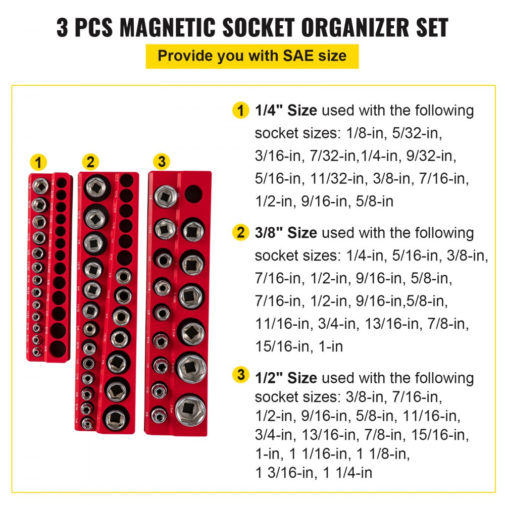VEVOR Paquete de 3 organizadores de enchufes magnéticos SAE, soportes de enchufes magnéticos de 1/2 pulgada, 3/8 pulgadas, 1/4 pulgadas con capacidad para 68 enchufes, organizador de caja de herramientas roja para almacenamiento de enchufes