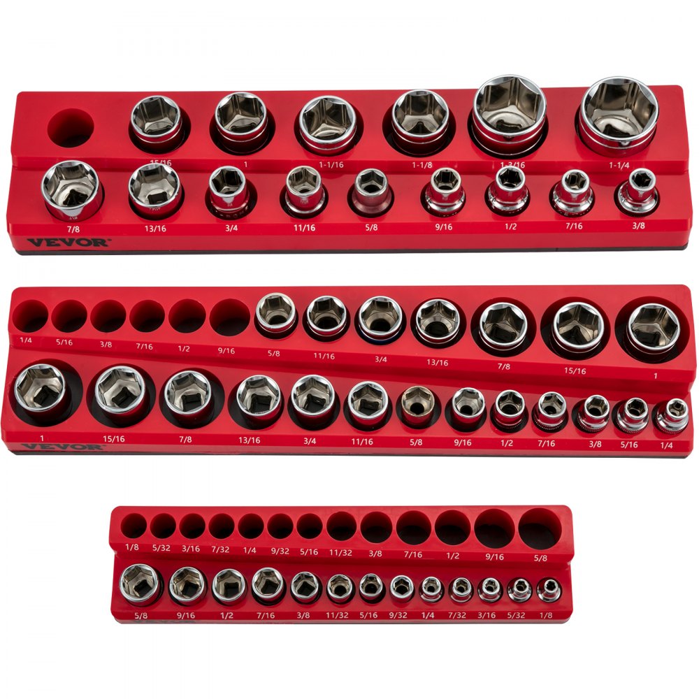 VEVOR Paquete de 3 organizadores de enchufes magnéticos SAE, soportes de enchufes magnéticos de 1/2 pulgada, 3/8 pulgadas, 1/4 pulgadas con capacidad para 68 enchufes, organizador de caja de herramientas roja para almacenamiento de enchufes