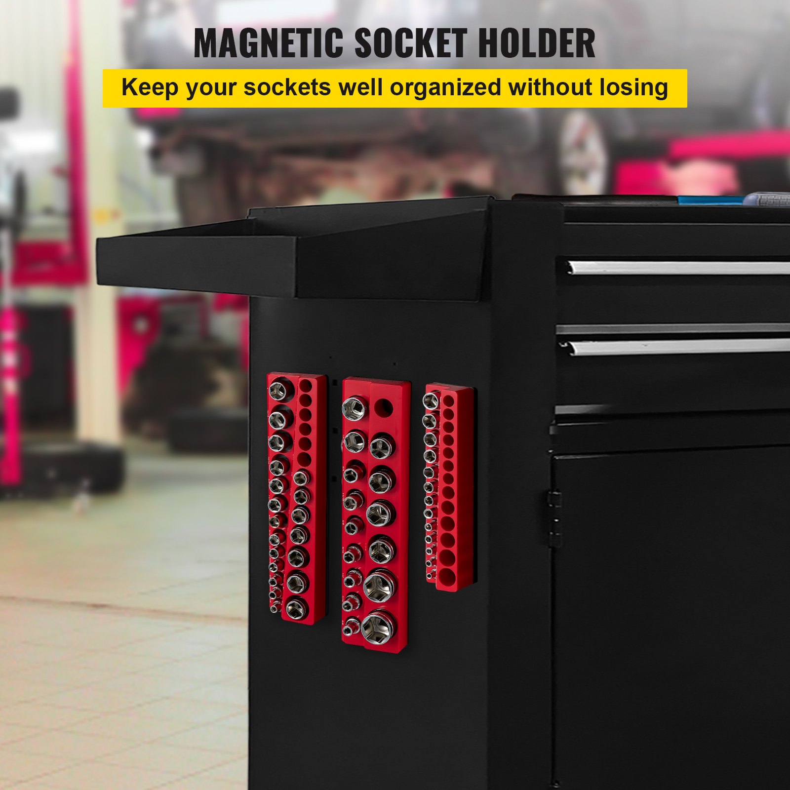 VEVOR Paquete de 3 organizadores de enchufes magnéticos SAE, soportes de enchufes magnéticos de 1/2 pulgada, 3/8 pulgadas, 1/4 pulgadas con capacidad para 68 enchufes, organizador de caja de herramientas roja para almacenamiento de enchufes