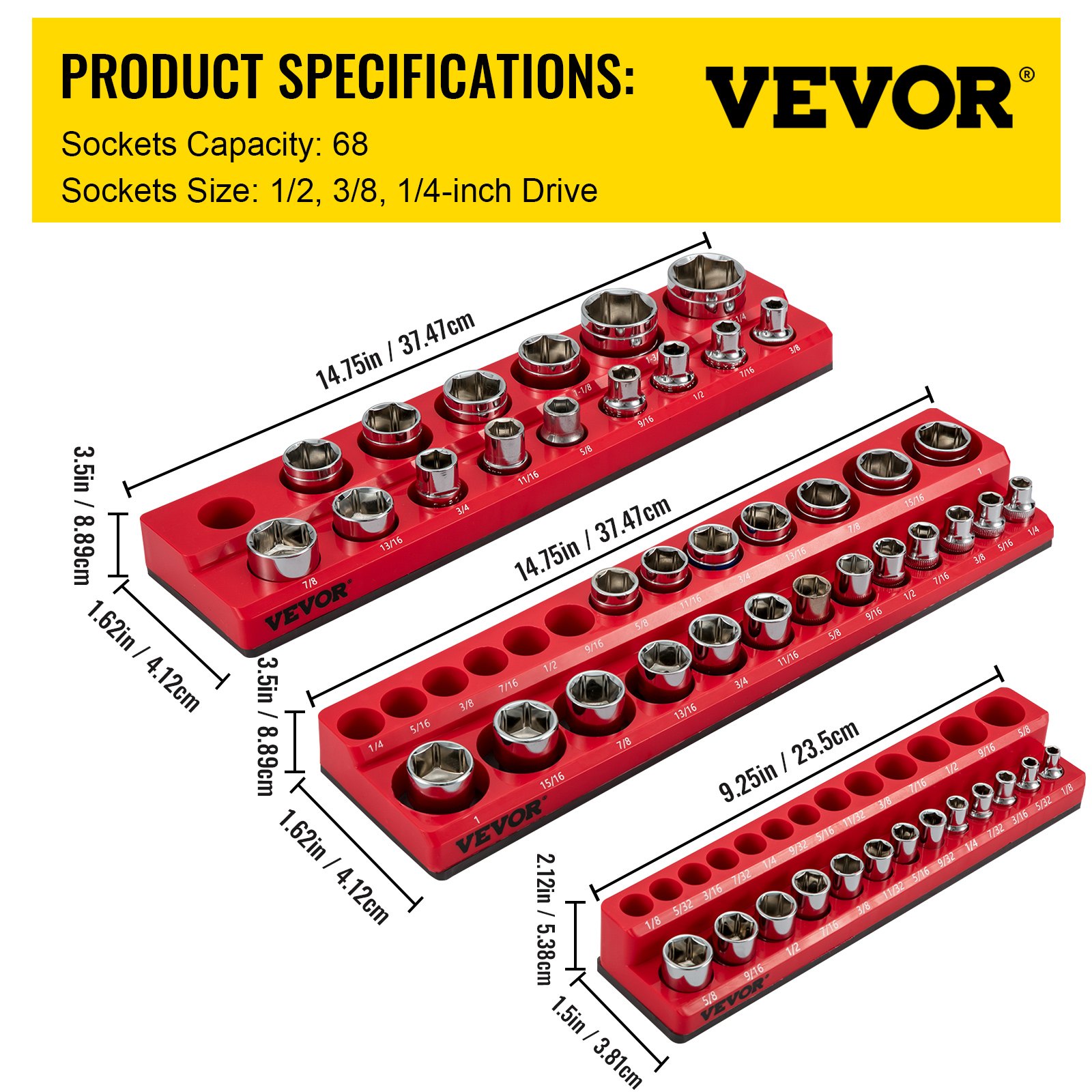 VEVOR Paquete de 3 organizadores de enchufes magnéticos SAE, soportes de enchufes magnéticos de 1/2 pulgada, 3/8 pulgadas, 1/4 pulgadas con capacidad para 68 enchufes, organizador de caja de herramientas roja para almacenamiento de enchufes
