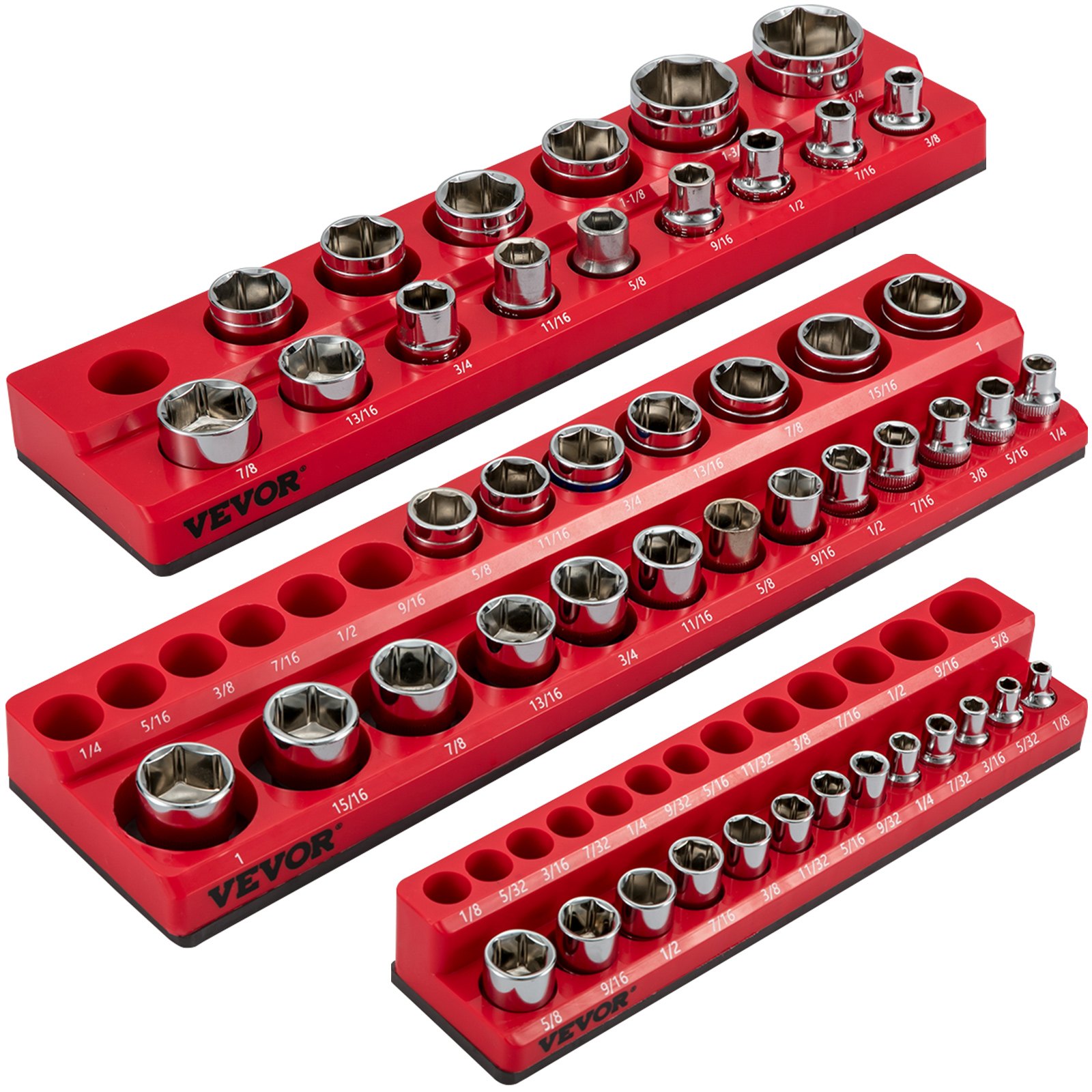 VEVOR Paquete de 3 organizadores de enchufes magnéticos SAE, soportes de enchufes magnéticos de 1/2 pulgada, 3/8 pulgadas, 1/4 pulgadas con capacidad para 68 enchufes, organizador de caja de herramientas roja para almacenamiento de enchufes