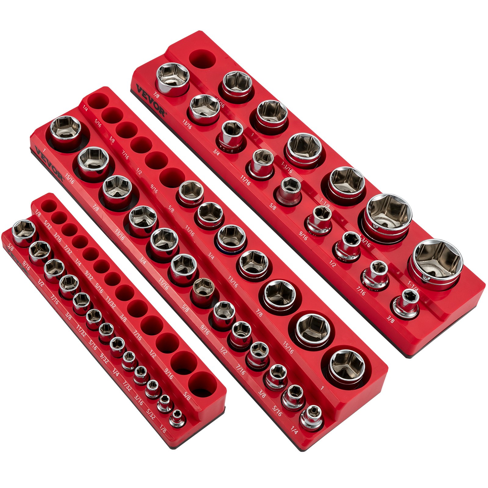 VEVOR Paquete de 3 organizadores de enchufes magnéticos SAE, soportes de enchufes magnéticos de 1/2 pulgada, 3/8 pulgadas, 1/4 pulgadas con capacidad para 68 enchufes, organizador de caja de herramientas roja para almacenamiento de enchufes