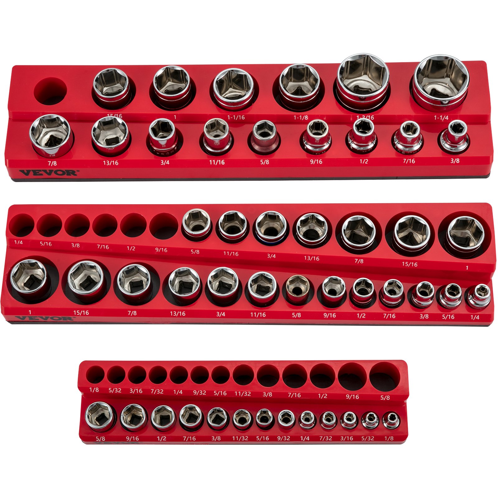 VEVOR Paquete de 3 organizadores de enchufes magnéticos SAE, soportes de enchufes magnéticos de 1/2 pulgada, 3/8 pulgadas, 1/4 pulgadas con capacidad para 68 enchufes, organizador de caja de herramientas roja para almacenamiento de enchufes