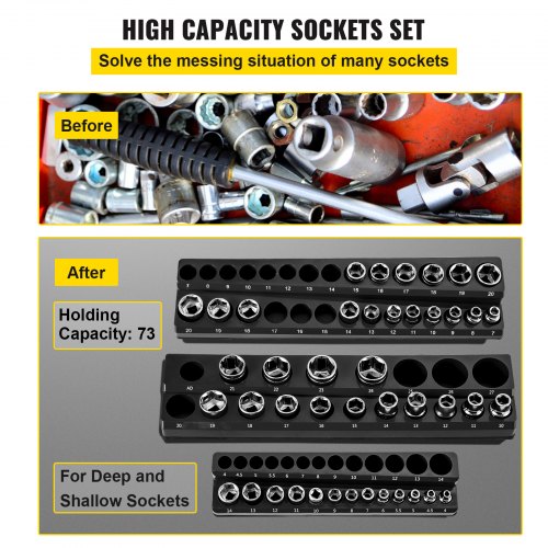 VEVOR Magnetic Socket Organizer Socket Holder 3 pcs 1/2, 3/8, 1/4-in Metric Black