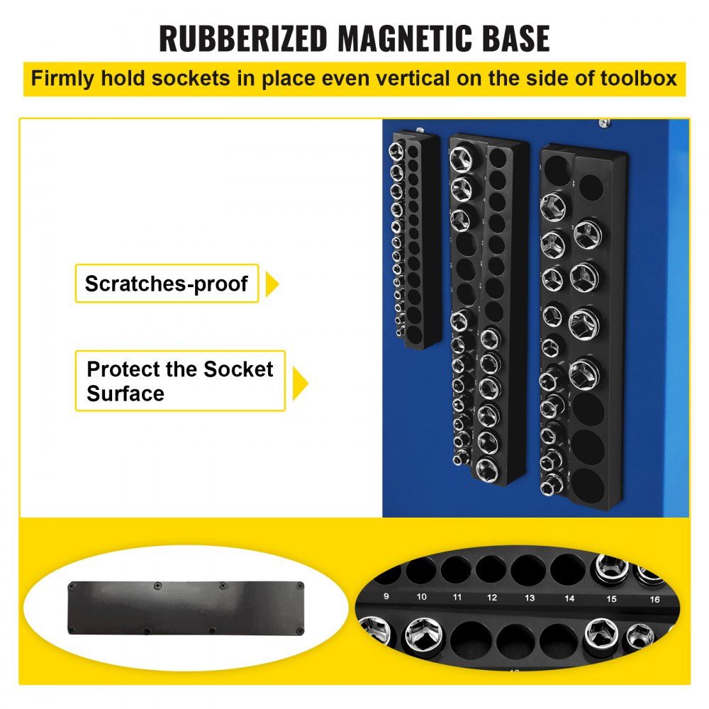 VEVOR magnetic socket organizer with rubberized base, securely holding sockets and protecting surfaces.