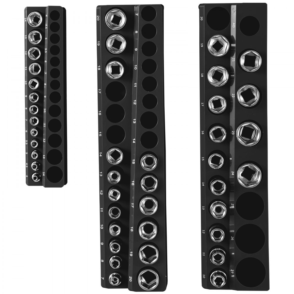 VEVOR magnetic socket organizer with various socket sizes arranged in black holders.