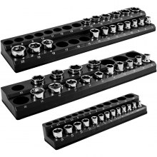 VEVOR 3-Pack Metric Magnetic Socket Organizers, 1/2-inch, 3/8-inch, 1/4-inch Drive Socket Holders Hold 75 Sockets, Black Tool Box Organizer for Sockets Storage