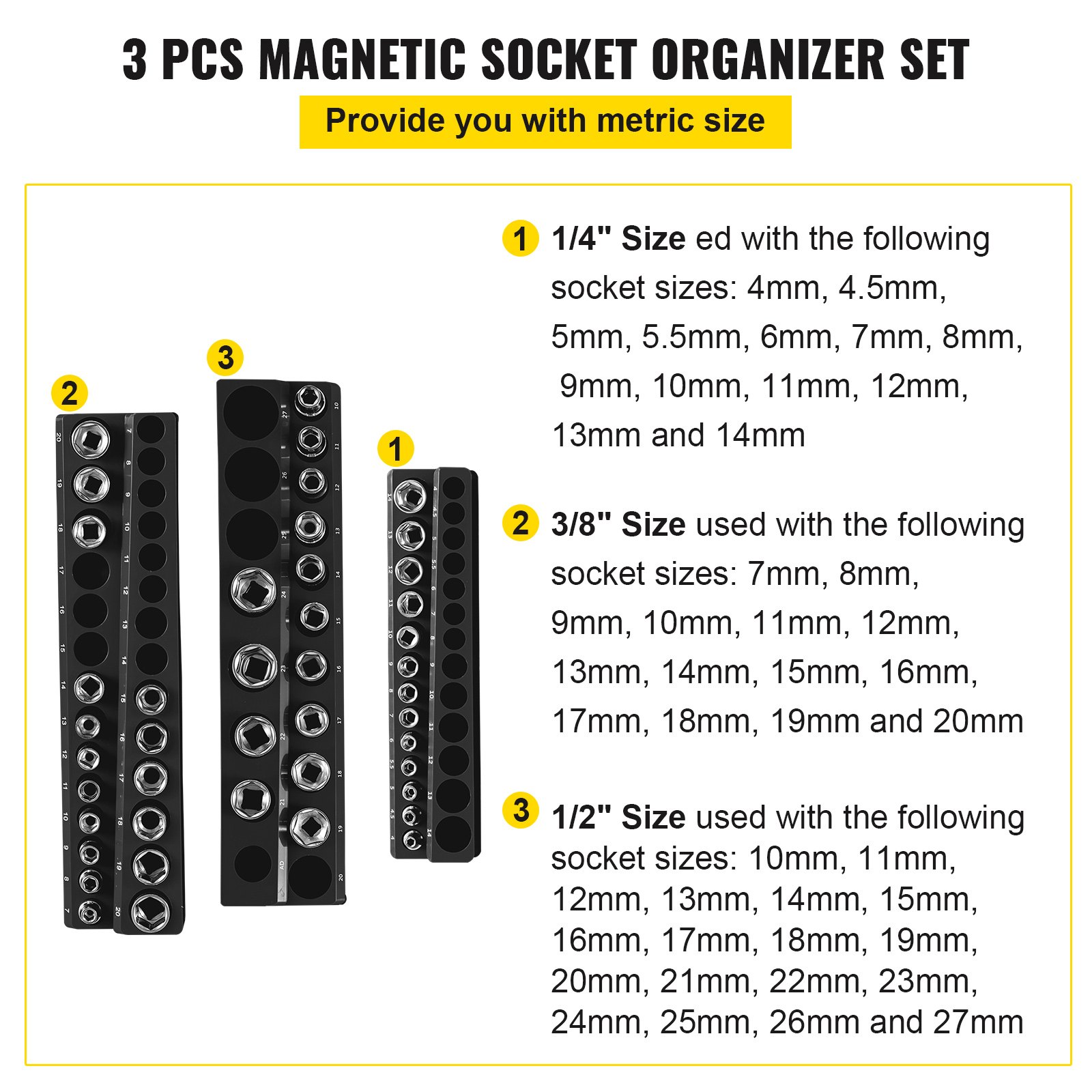 3 pcs VEVOR magnetic socket organizer set with metric sizes for 1/4&quot;, 3/8&quot;, and 1/2&quot; sockets.