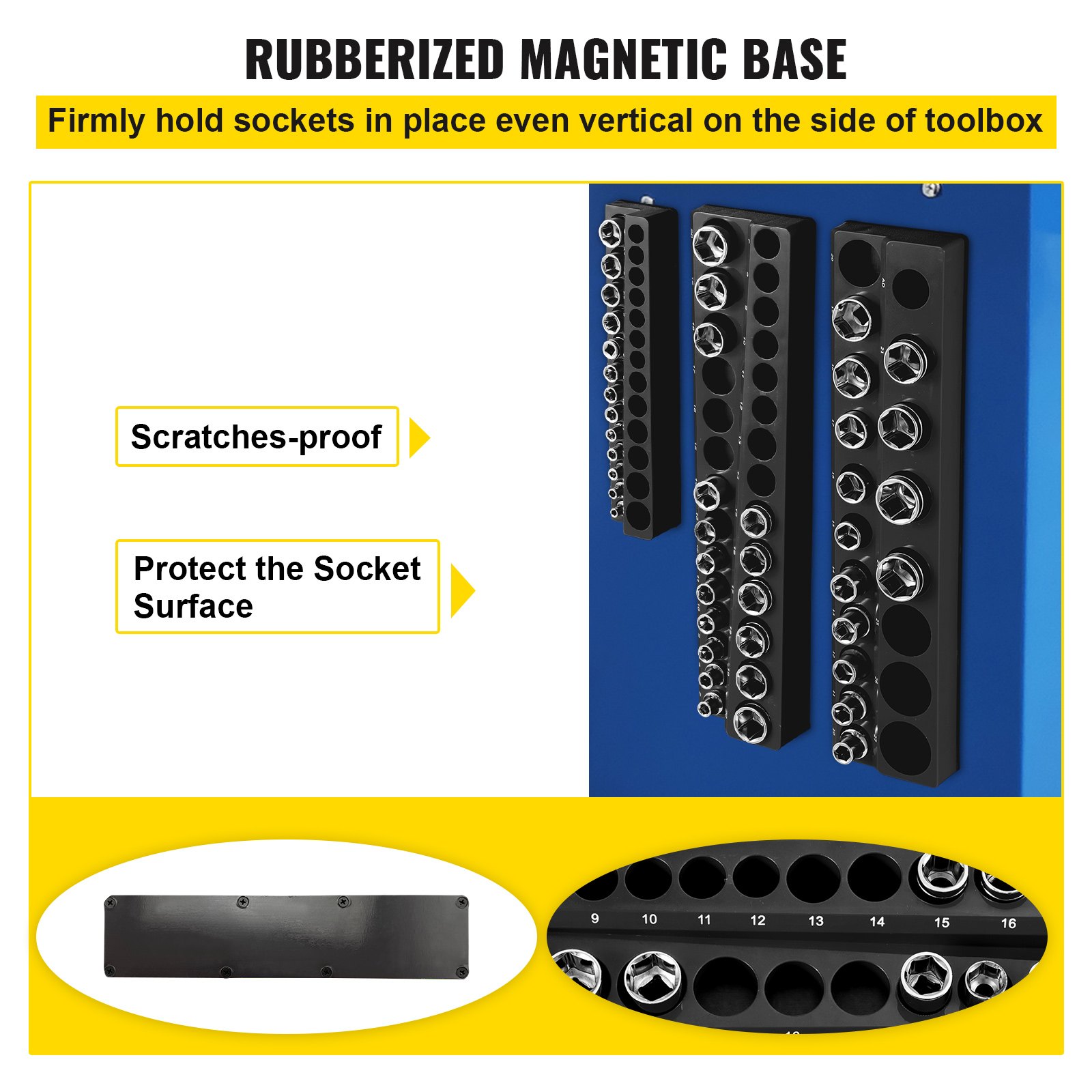 VEVOR magnetic socket organizer with rubberized base, securely holding sockets and protecting surfaces.