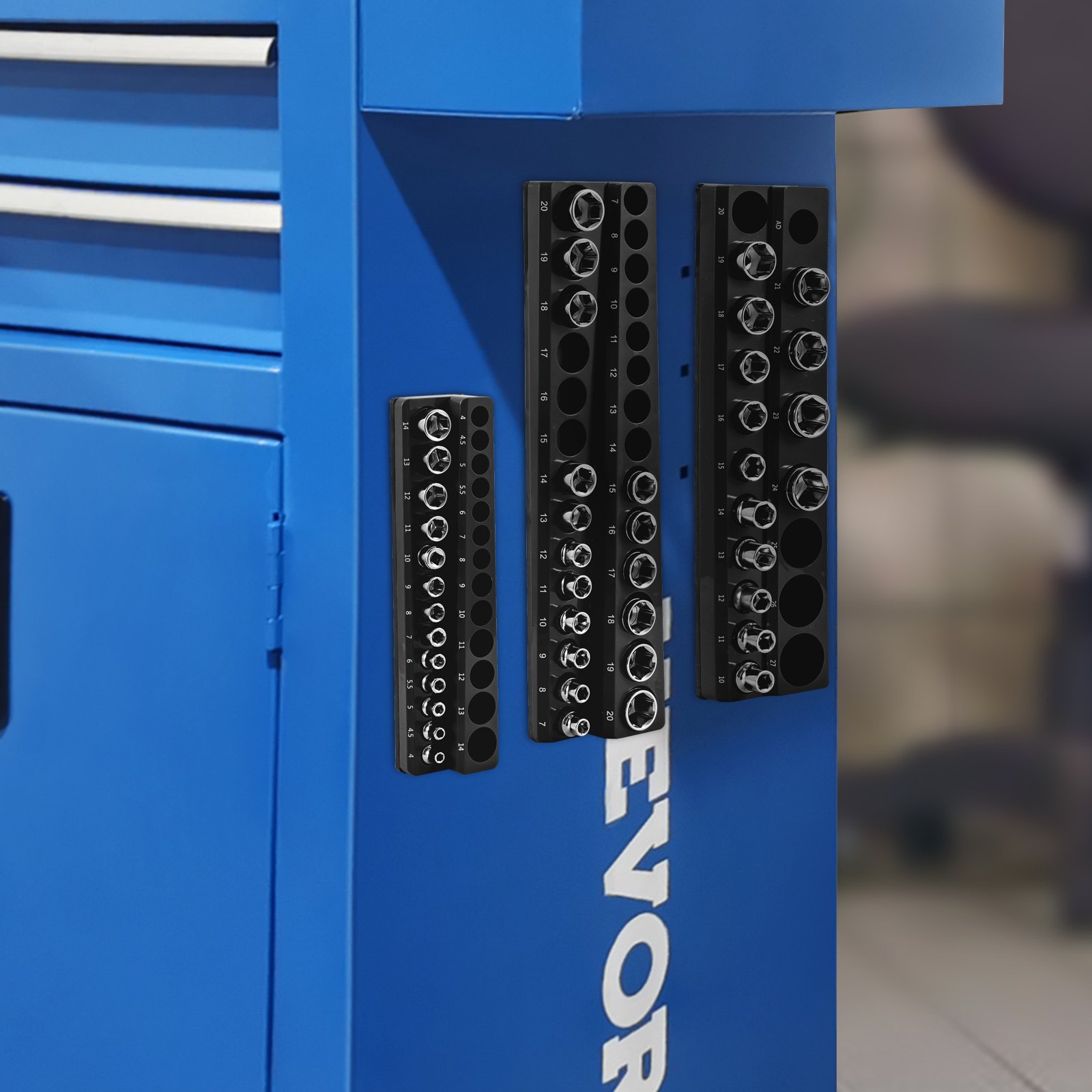 VEVOR magnetic socket organizer attached to a blue toolbox with sockets neatly arranged.