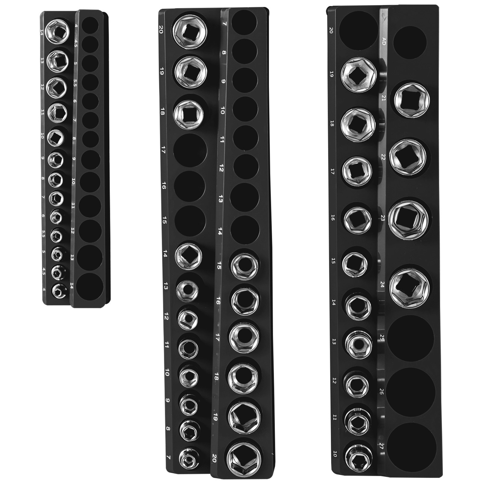 VEVOR magnetic socket organizer with various socket sizes arranged in black holders.