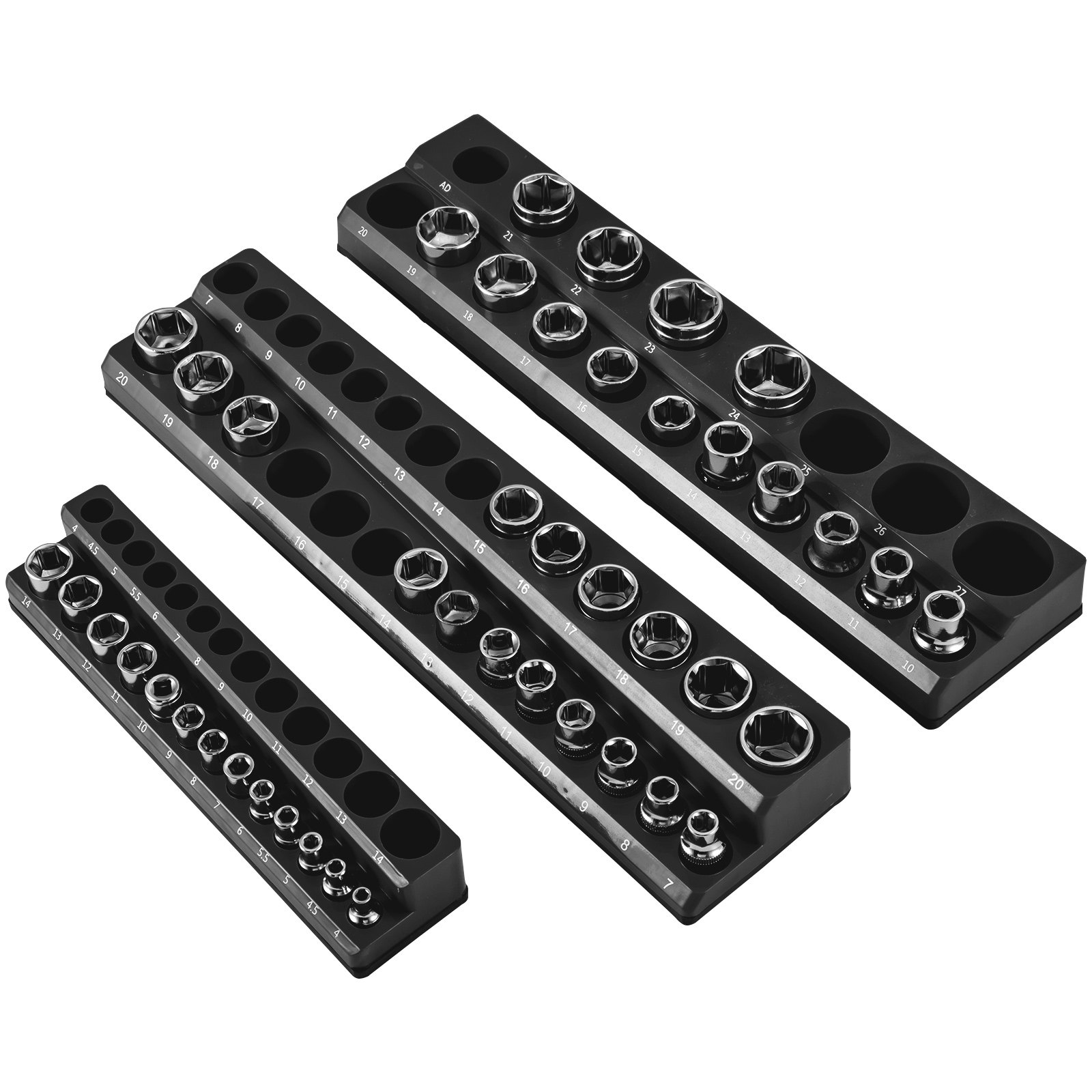 VEVOR magnetic socket organizer with multiple sockets arranged in black trays.
