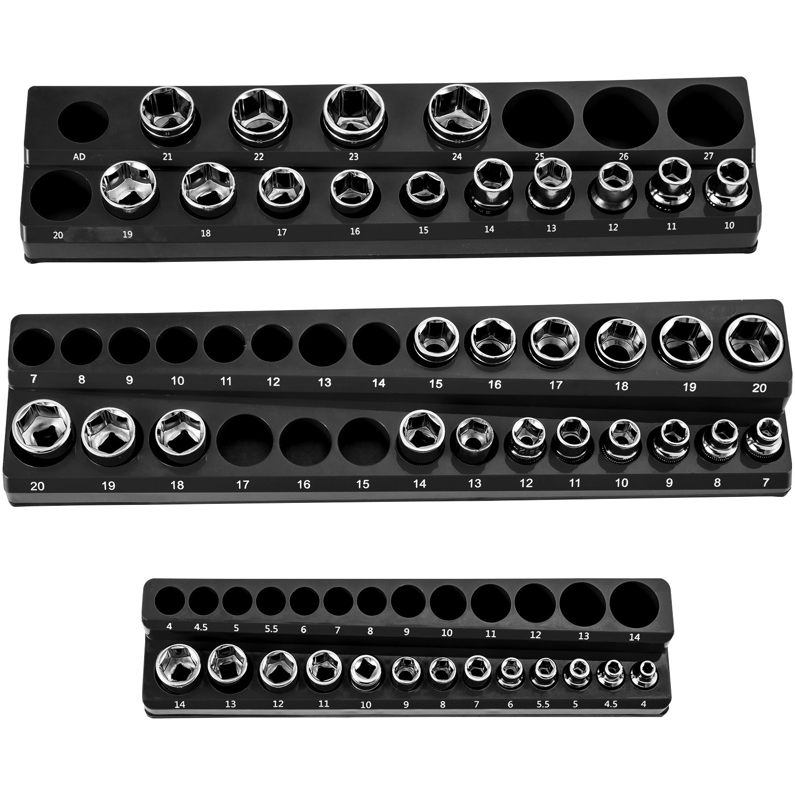 VEVOR magnetic socket organizer with labeled slots holding various chrome sockets arranged in three rows.