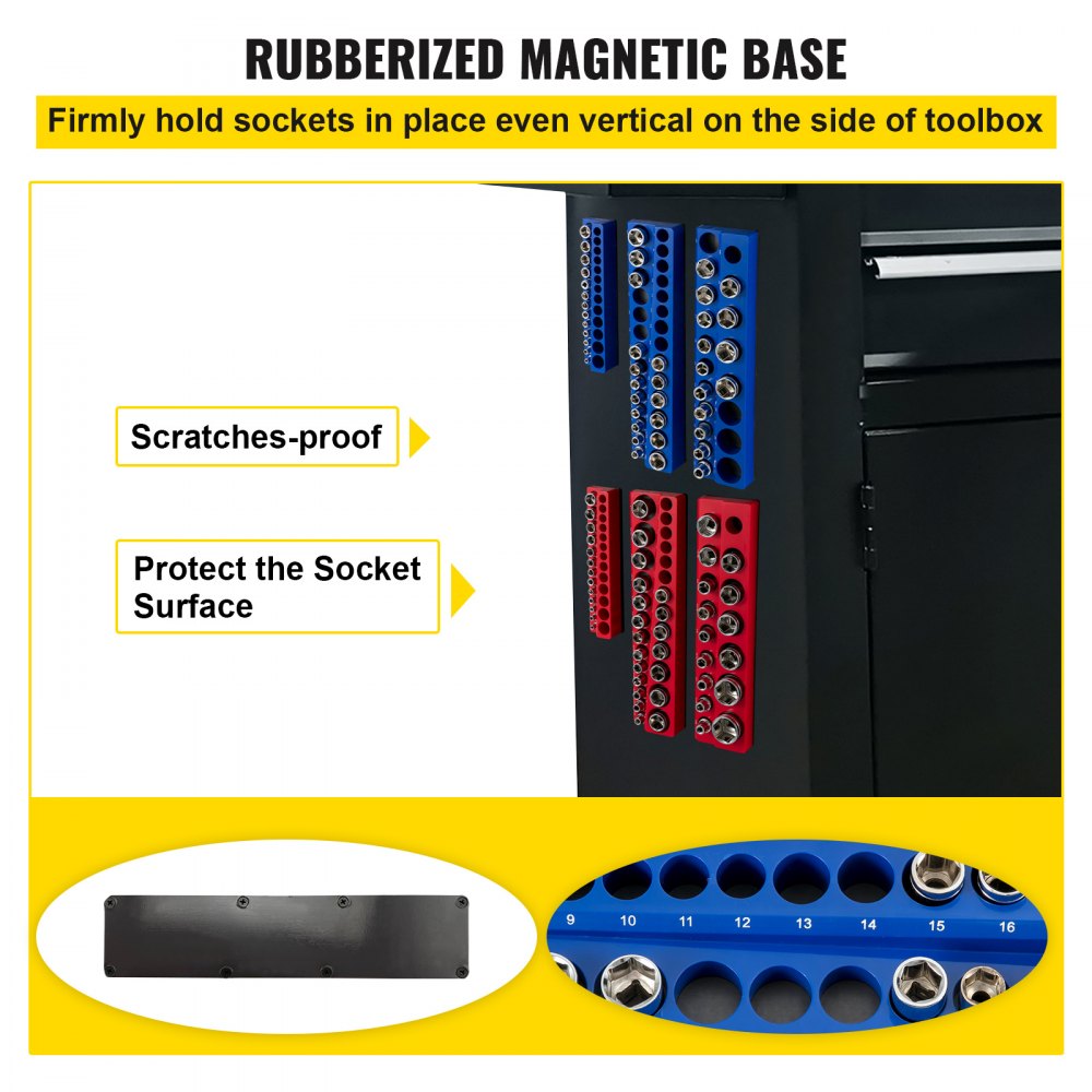 VEVOR 6-Pack Metric and SAE Magnetic Socket Organizers, 1.27cm, 0.95cm, 0.64cm Drive Socket Holders Hold 143 Sockets, Red and Blue Tool Box Organizer for Sockets Storage