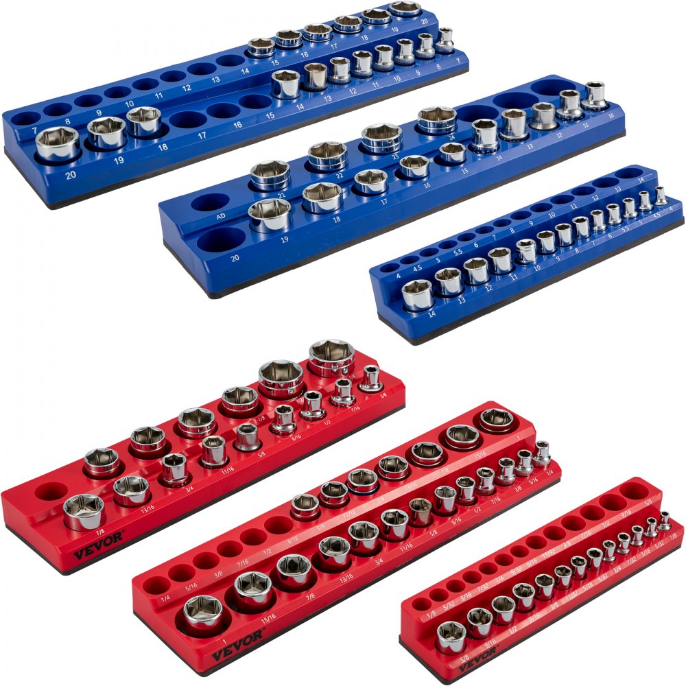 VEVOR magnetic socket organizer in blue and red, holding various socket sizes for easy storage.