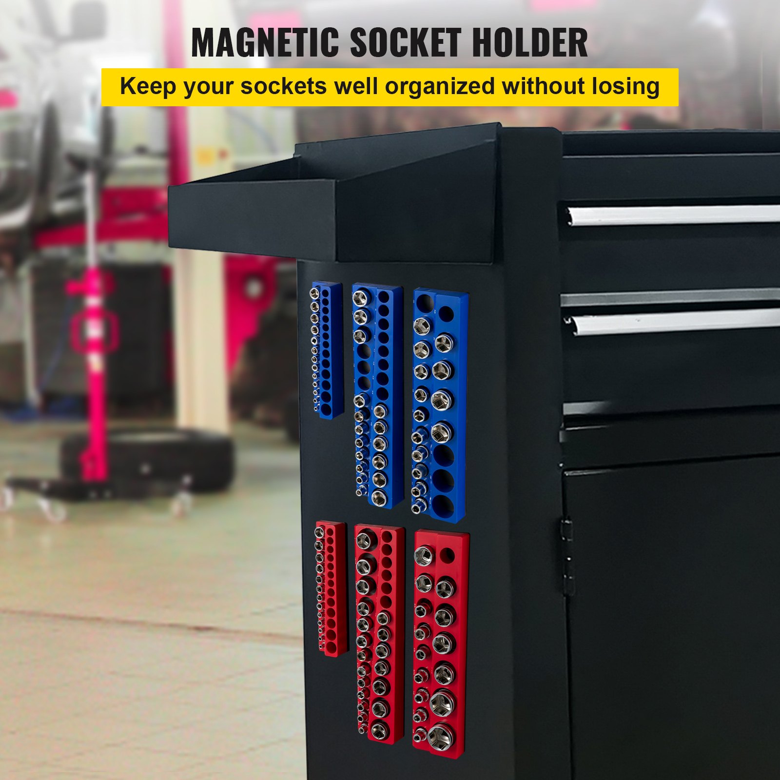 VEVOR magnetic socket organizer on a tool cart in a garage for efficient socket storage.