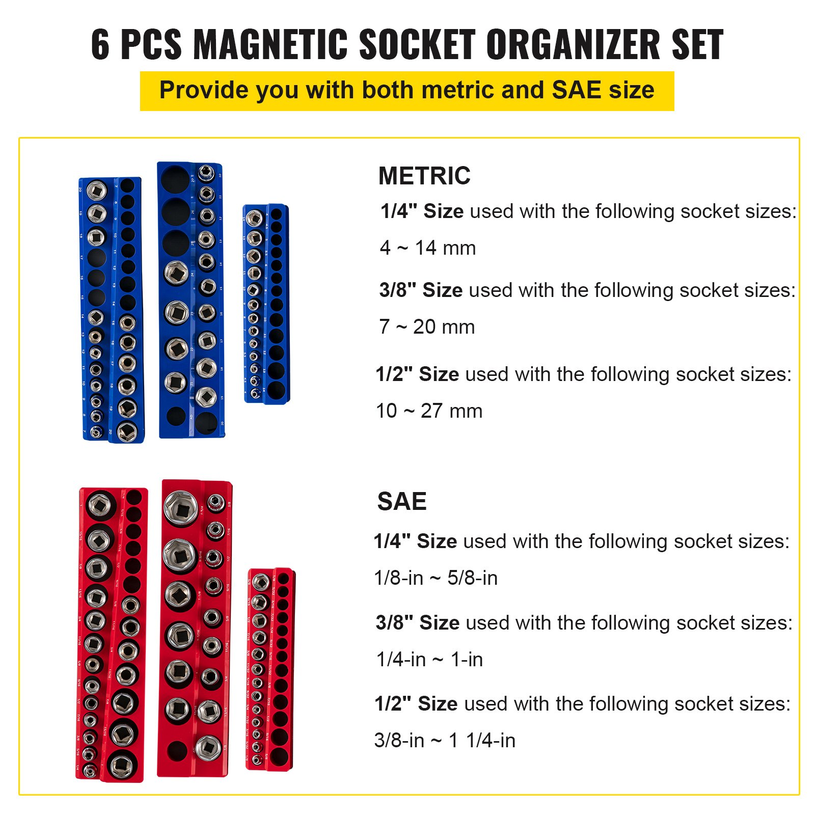 6 pcs VEVOR magnetic socket organizer set with metric and sae sizes in blue and red for versatile socket storage